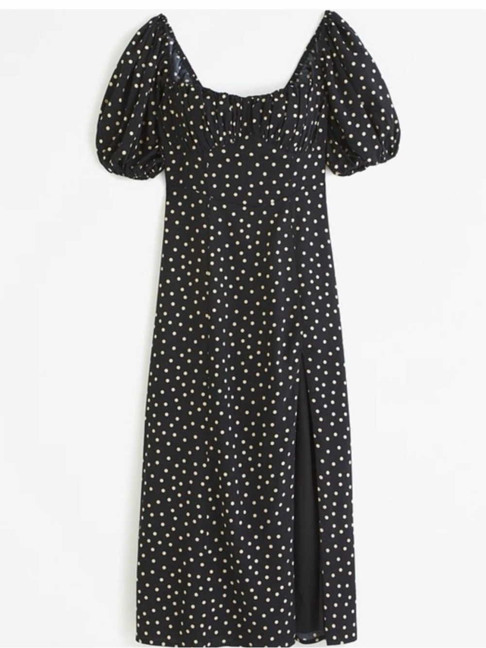 Black Polka Dot Puff-Sleeve Midi Dress